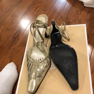 J Reenee gold heel out ankle straps